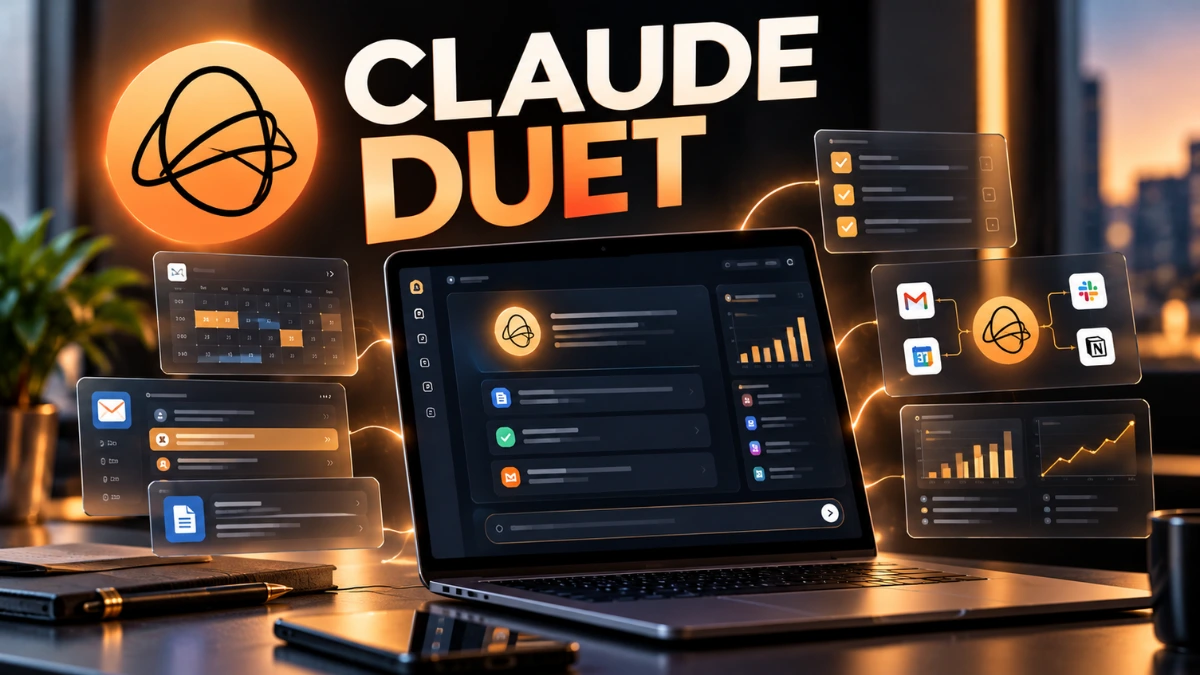 Concept illustration of an AI work assistant managing tasks and connected apps